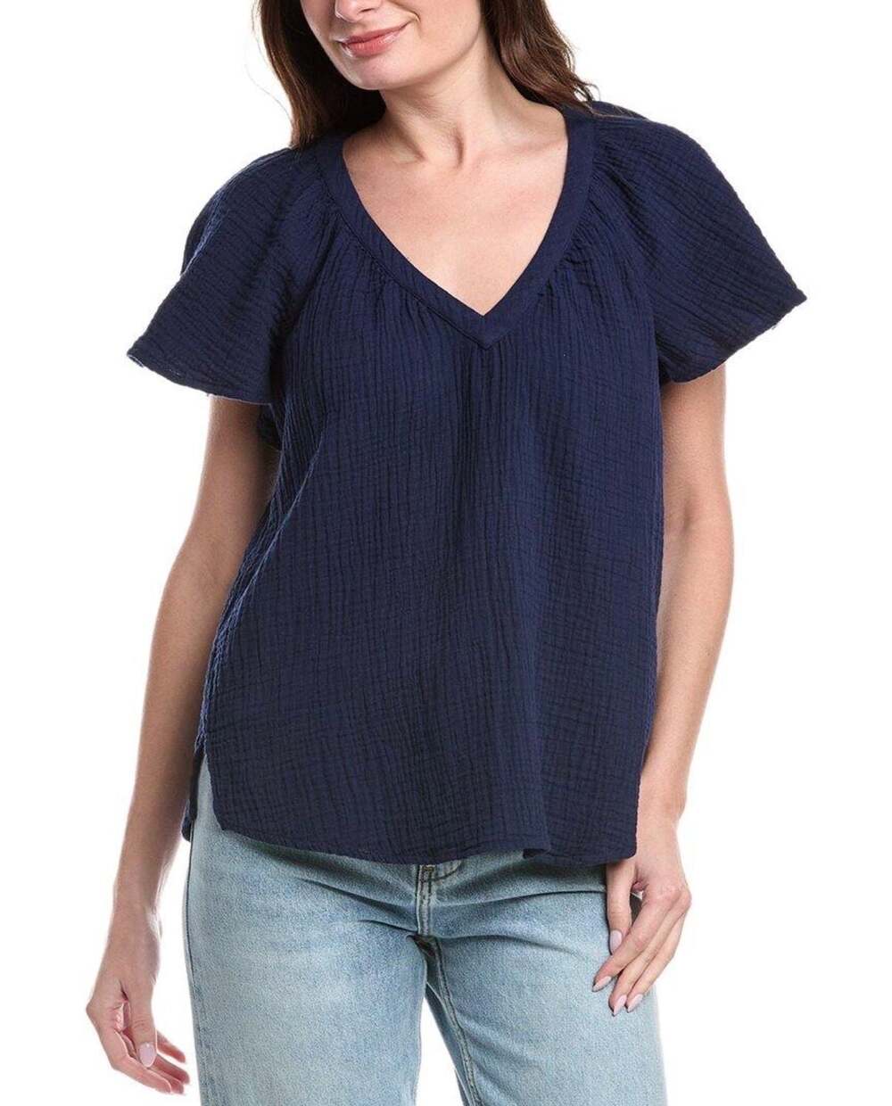 Tommy Bahama Island Gauze Top Women's M Blue 100% Cotton Flutter Sleeve RED1377